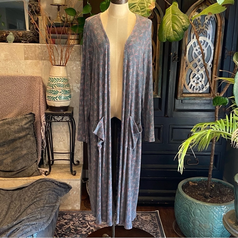 Bohemian ribbed tribal pattern washed gray duster cardigan patch pockets